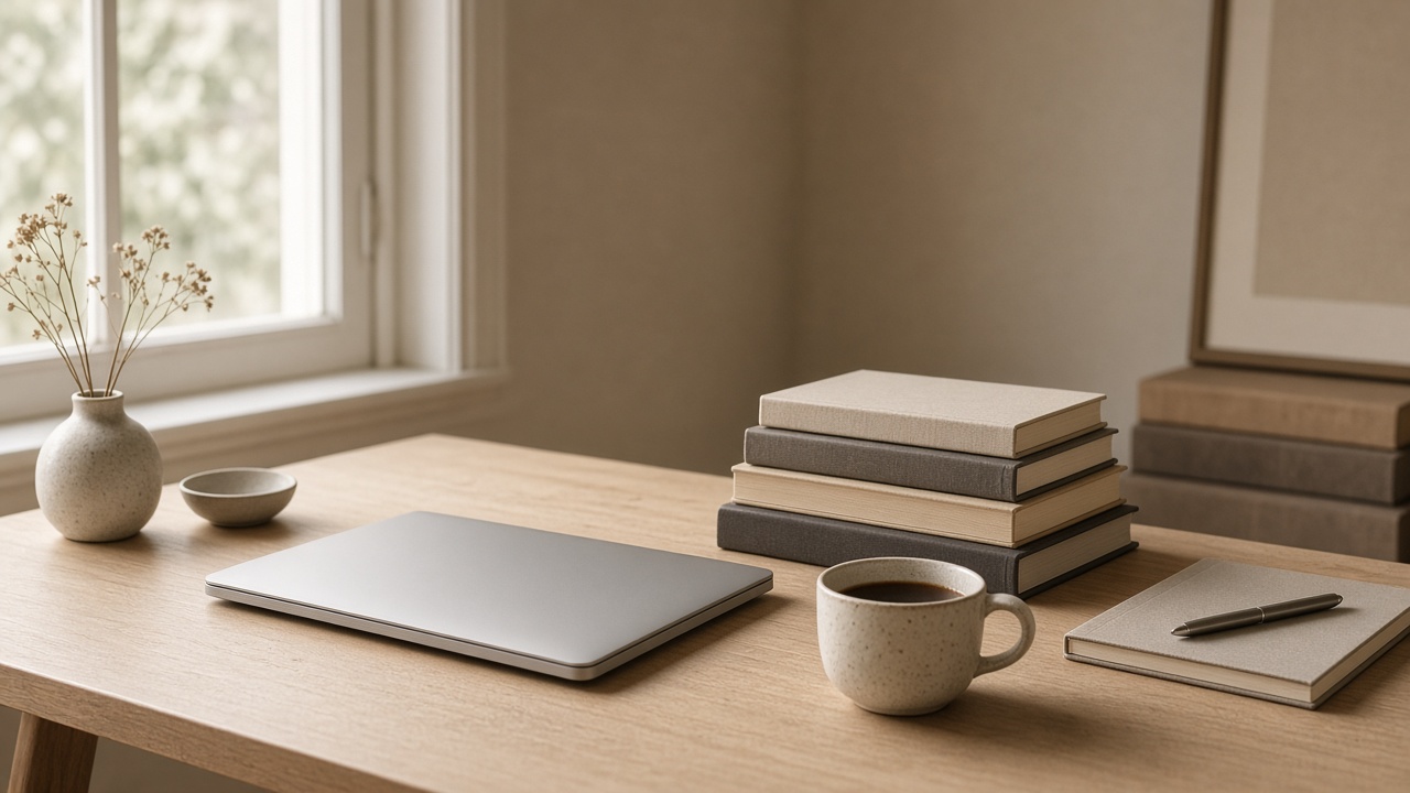 Werktafel met boeken en laptop, sfeerbeeld bij demonicht over de website.